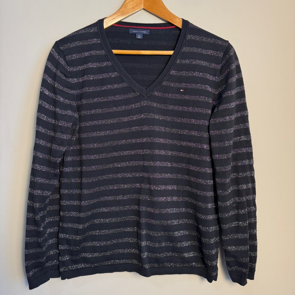 Tommy Hilfiger Women's Glitter Stripe V-Neck Sweater Tee Black Size Large Y2K